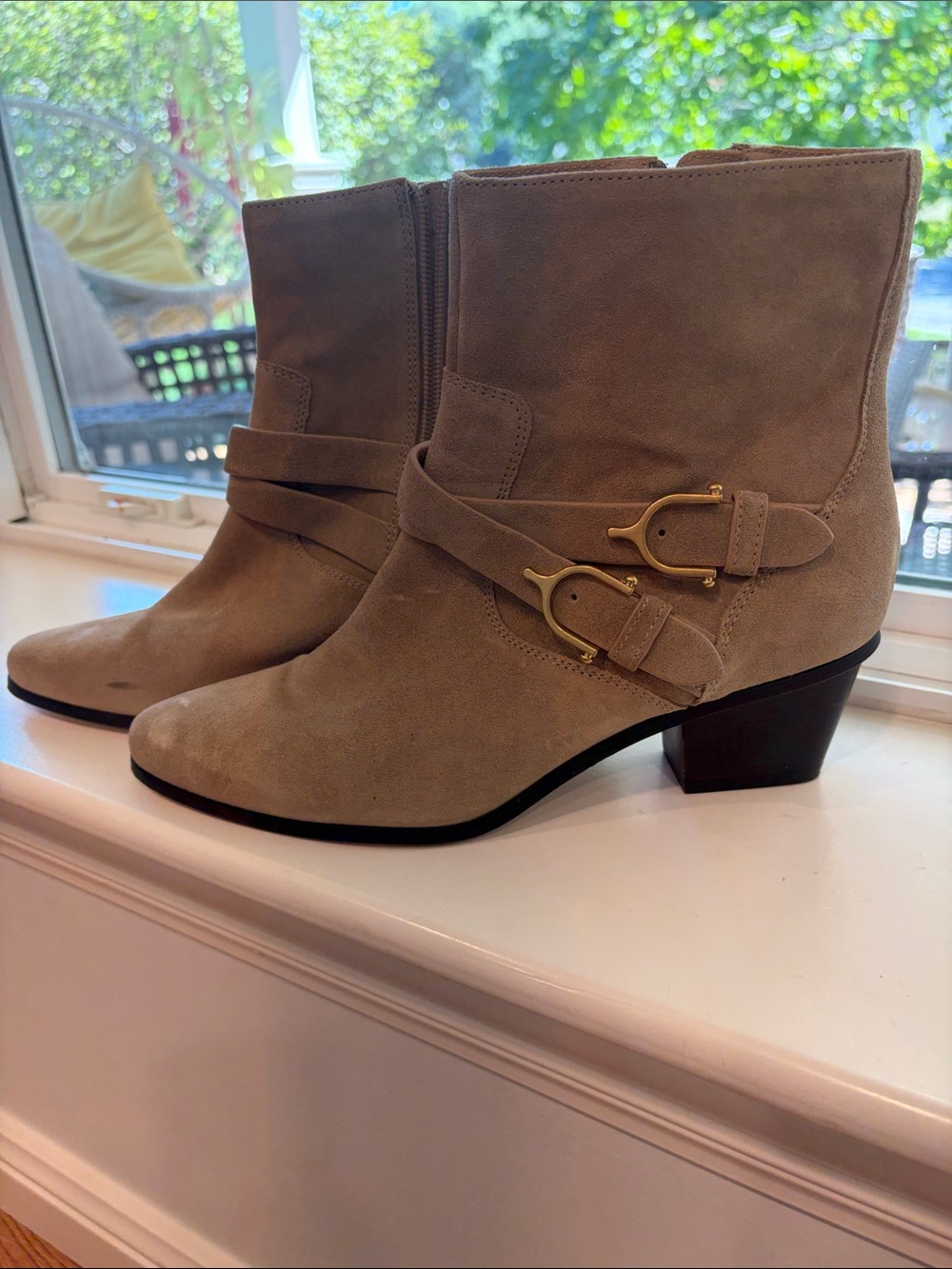 Vero Cuoio Taupe Suede Ankle Boots with Gold Buckle Accent